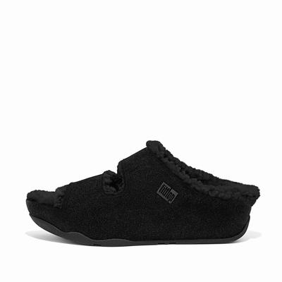 Chaussons Fitflop SHUV Two-Bar Shearling Suede Slides Femme Noir | JWO-958712