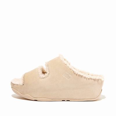 Chaussons Fitflop SHUV Two-Bar Shearling Suede Slides Femme Blanche | TLM-137985