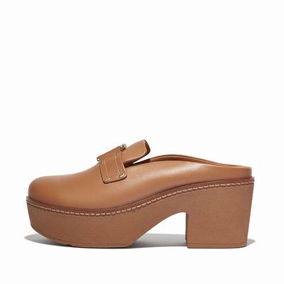 Mules Fitflop PILAR Stud-Buckle Leather Platform Femme Marron | JLS-857419