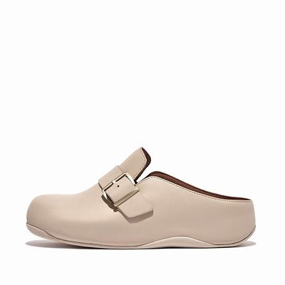 Sabots Fitflop SHUV Buckle Strap Leather Femme Grise Beige | QCU-213806