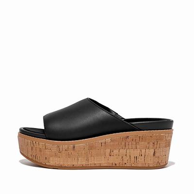 Sandales Fitflop ELOISE Cork-Wrap Leather Wedge Slides Femme Noir | FKV-321609