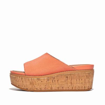 Sandales Fitflop ELOISE Cork-Wrap Suede Wedge Slides Femme Orange Corail | BEO-143250