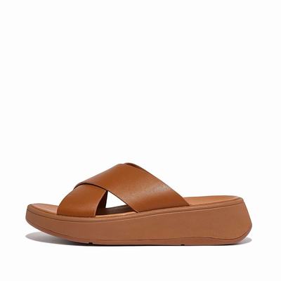 Sandales Fitflop F-MODE Leather Flatform Cross Slides Femme Marron Clair | GXI-580374