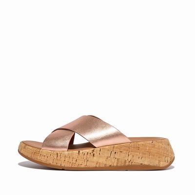 Sandales Fitflop F-MODE Metallic Leather/Cork Flatform Cross Slides Femme Rose Doré | GMJ-350947