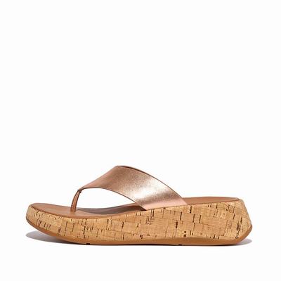 Sandales Fitflop F-MODE Metallic Leather/Cork Flatform Toe-Post Femme Rose Doré | LRI-702695