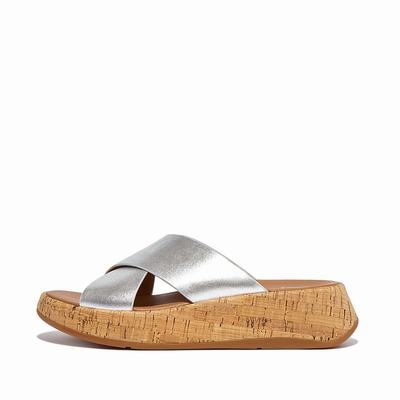 Sandales Fitflop F-MODE Metallic Leather/Cork Flatform Cross Slides Femme Argent | PDZ-579462