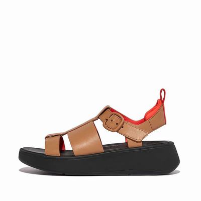 Sandales Fitflop F-MODE Neon-Pop Leather Flatform Fisherman Femme Marron Orange | NOP-672198