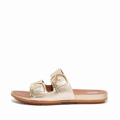 Sandales Fitflop GRACIE Buckle Metallic Leather Slides Femme Marron Doré | WQS-346281