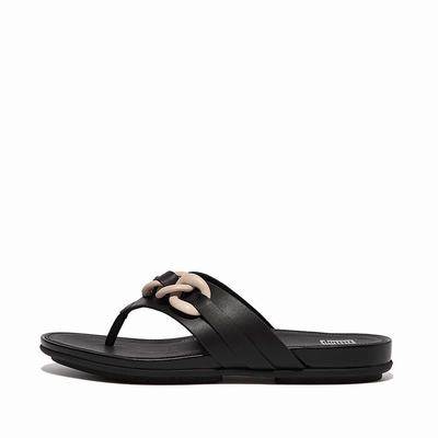 Sandales Fitflop GRACIE Chain Leather Toe-Post Femme Noir | TUX-689510