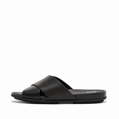 Sandales Fitflop GRACIE Leather Cross Slides Femme Noir | ZPJ-127386