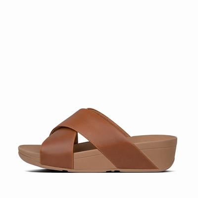 Sandales Fitflop LULU Leather Cross Slides Femme Marron Clair | WTD-536104