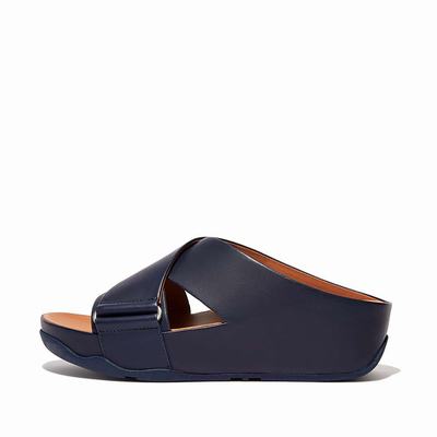 Sandales Fitflop SHUV Leather Cross Slides Femme Bleu Marine | CTI-285763