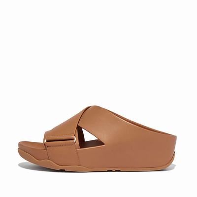 Sandales Fitflop SHUV Leather Cross Slides Femme Marron | JIB-950312