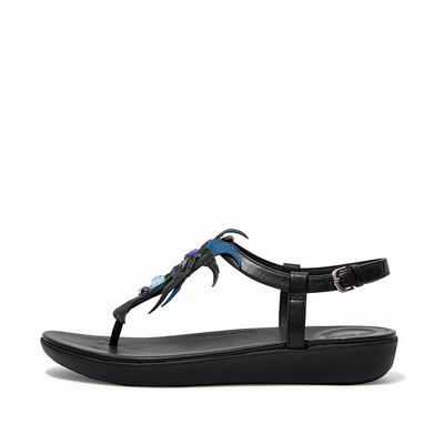 Sandales Fitflop TIA Jewel Feather Leather Back-Strap Femme Noir | PZF-186492