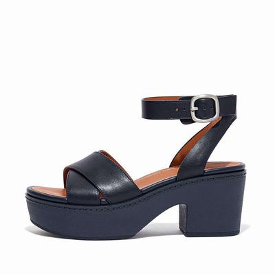 Sandales à Plateforme Fitflop PILAR Leather Ankle-Strap Femme Bleu Marine | FXR-869037