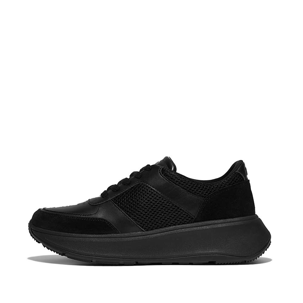 Baskets Fitflop F-MODE Leather/Mesh Flatform Femme Noir | LZG-193764