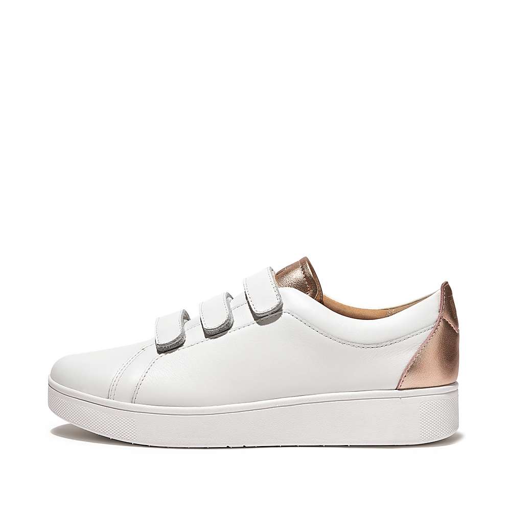 Baskets Fitflop RALLY Metallic-Back Leather Strap Femme Blanche Rose Doré | RIN-408162