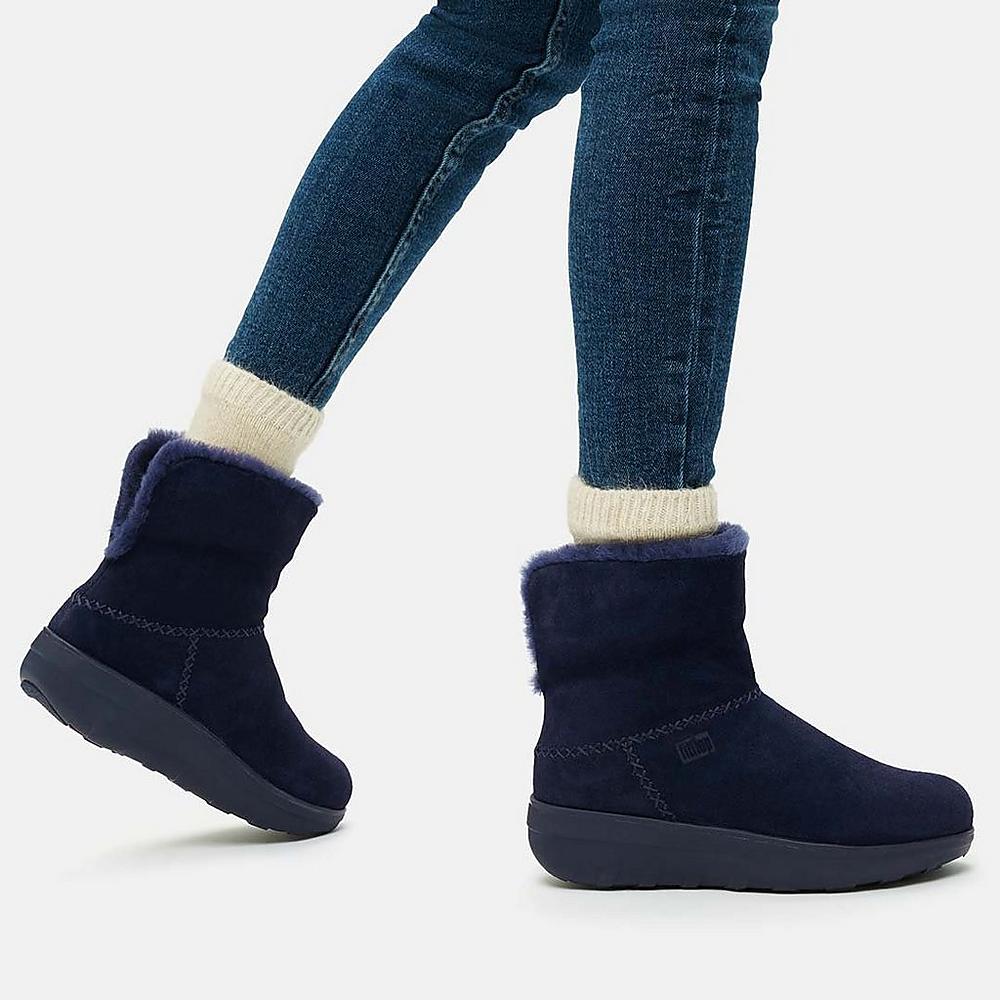 Bottes D'hiver Fitflop MUKLUK SHORTY Shearling-Lined Suede Femme Bleu Marine | XDQ-346219