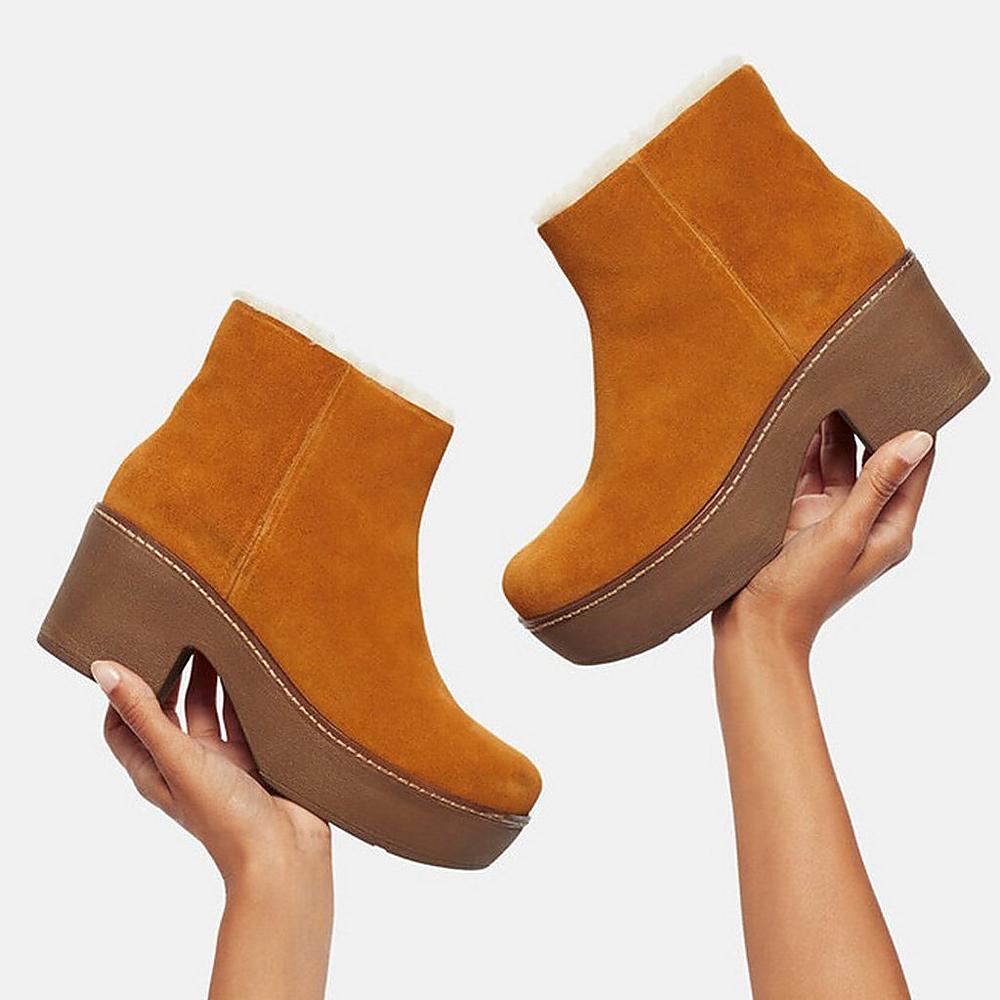 Bottines Fitflop PILAR Shearling-Lined Suede Femme Marron Clair | JNB-350971