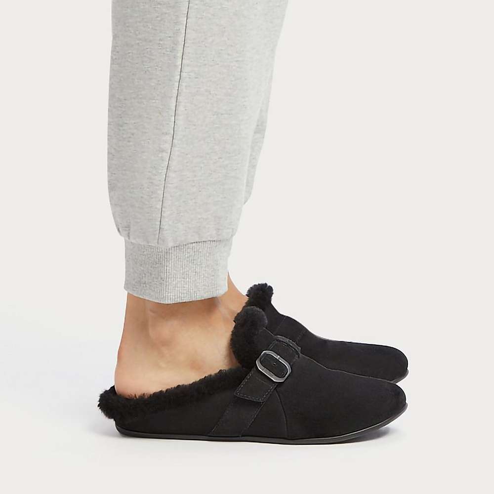 Chaussons Fitflop CHRISSIE Buckle Shearling-Lined Suede Femme Noir | TWU-285614