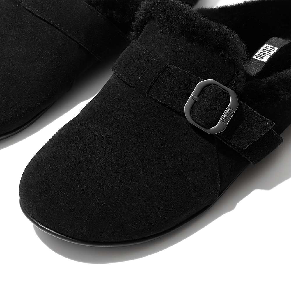 Chaussons Fitflop CHRISSIE Buckle Shearling-Lined Suede Femme Noir | TWU-285614