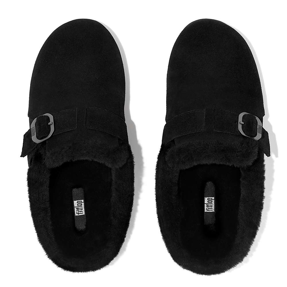 Chaussons Fitflop CHRISSIE Buckle Shearling-Lined Suede Femme Noir | TWU-285614