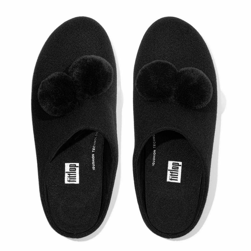 Chaussons Fitflop CHRISSIE Pom-Pom Felt Femme Noir | JZA-830154