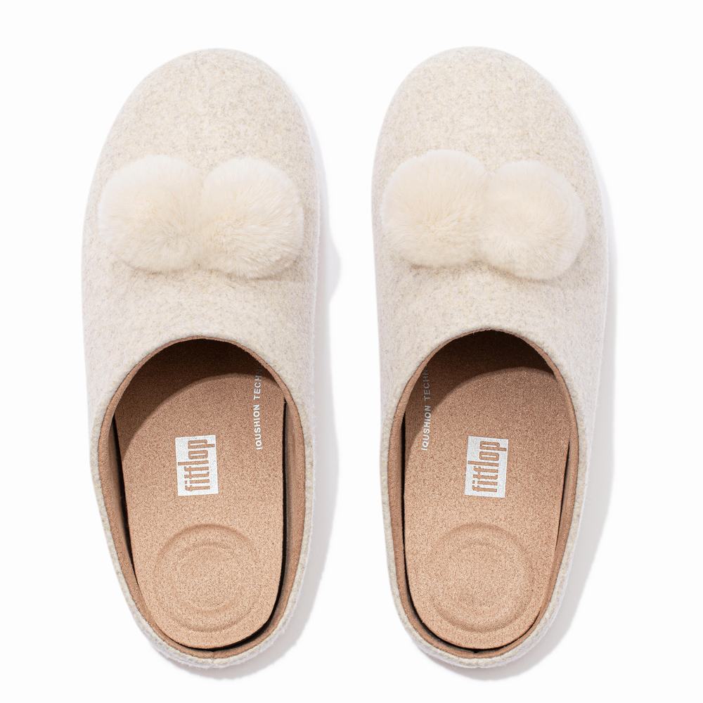 Chaussons Fitflop CHRISSIE Pom-Pom Felt Femme Blanche | RPA-421089