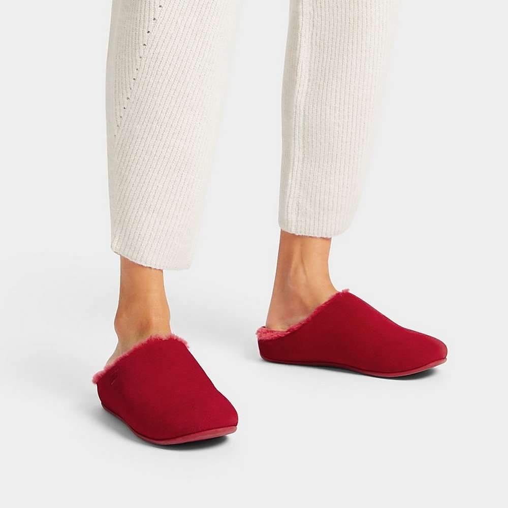 Chaussons Fitflop CHRISSIE Shearling-Lined Suede Femme Rouge | YOF-670921