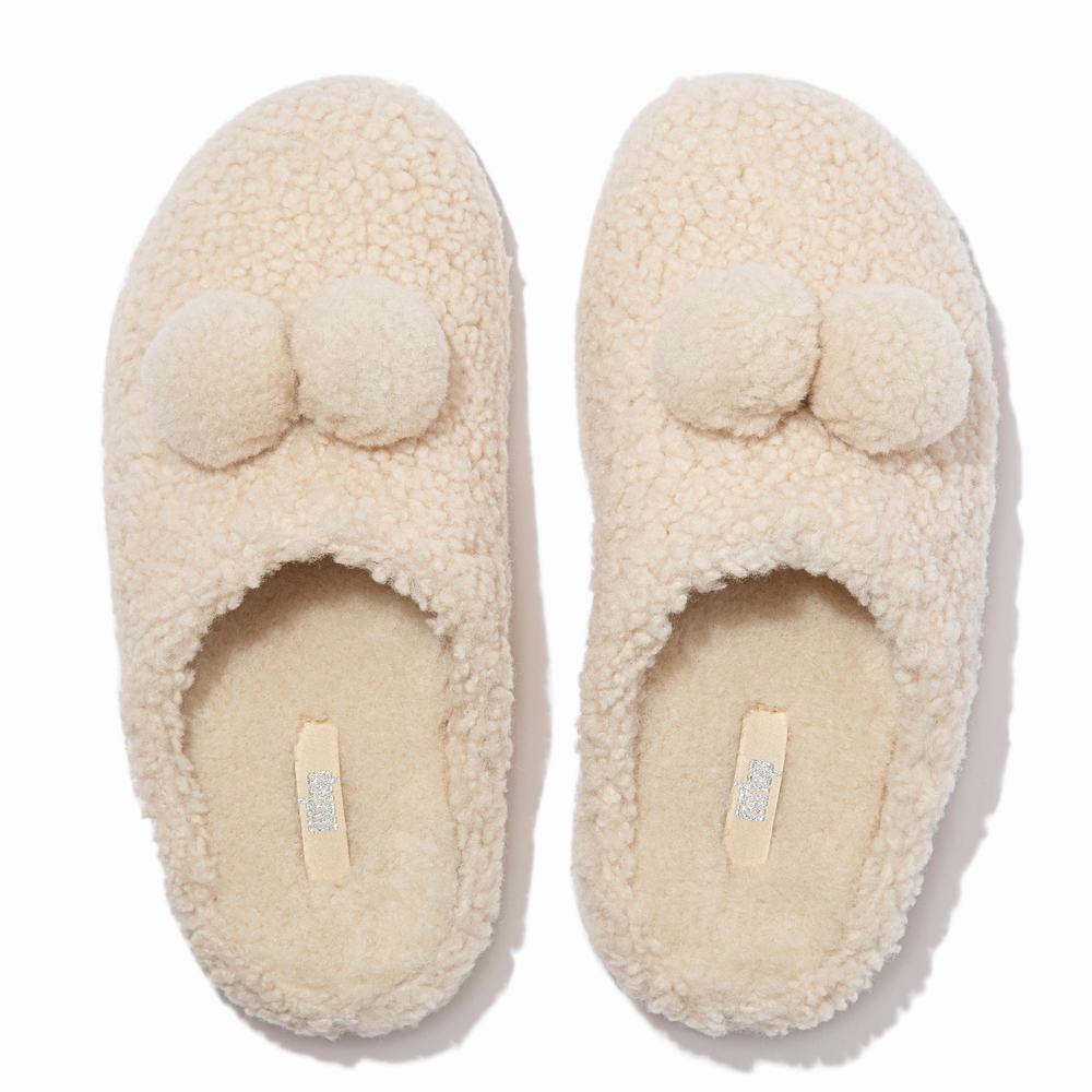 Chaussons Fitflop SHUV Pom-Pom Shearling Clog Femme Blanche | WOX-085264