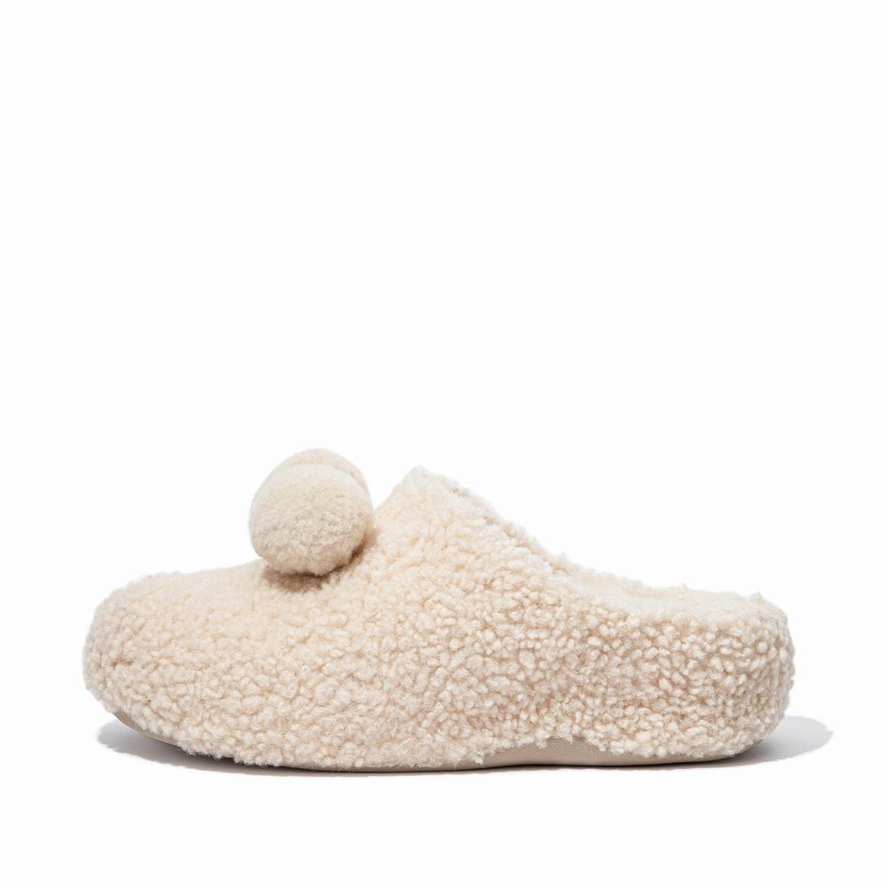 Chaussons Fitflop SHUV Pom-Pom Shearling Clog Femme Blanche | WOX-085264