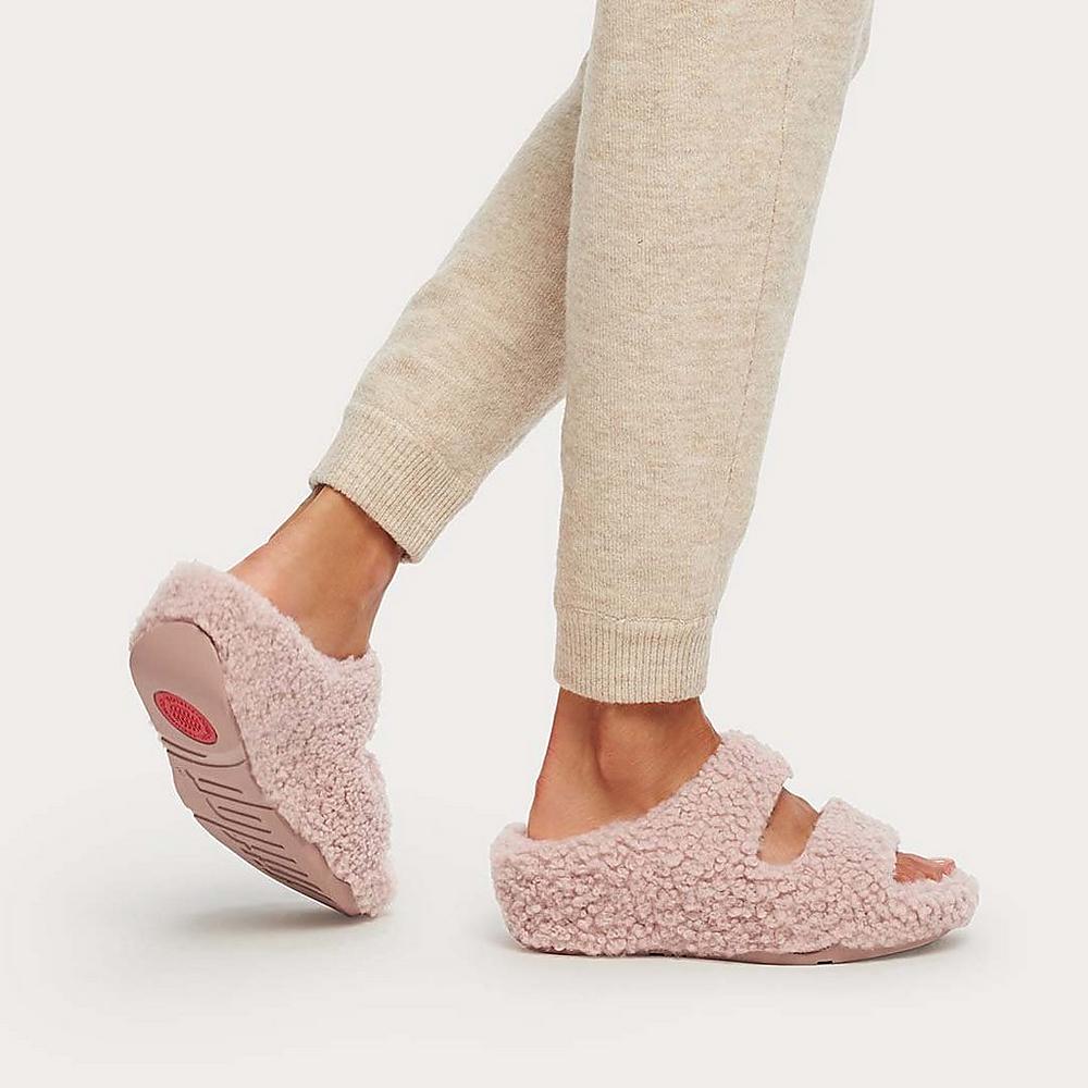 Chaussons Fitflop SHUV Two-Bar Shearling Slides Femme Rose | FTP-205634