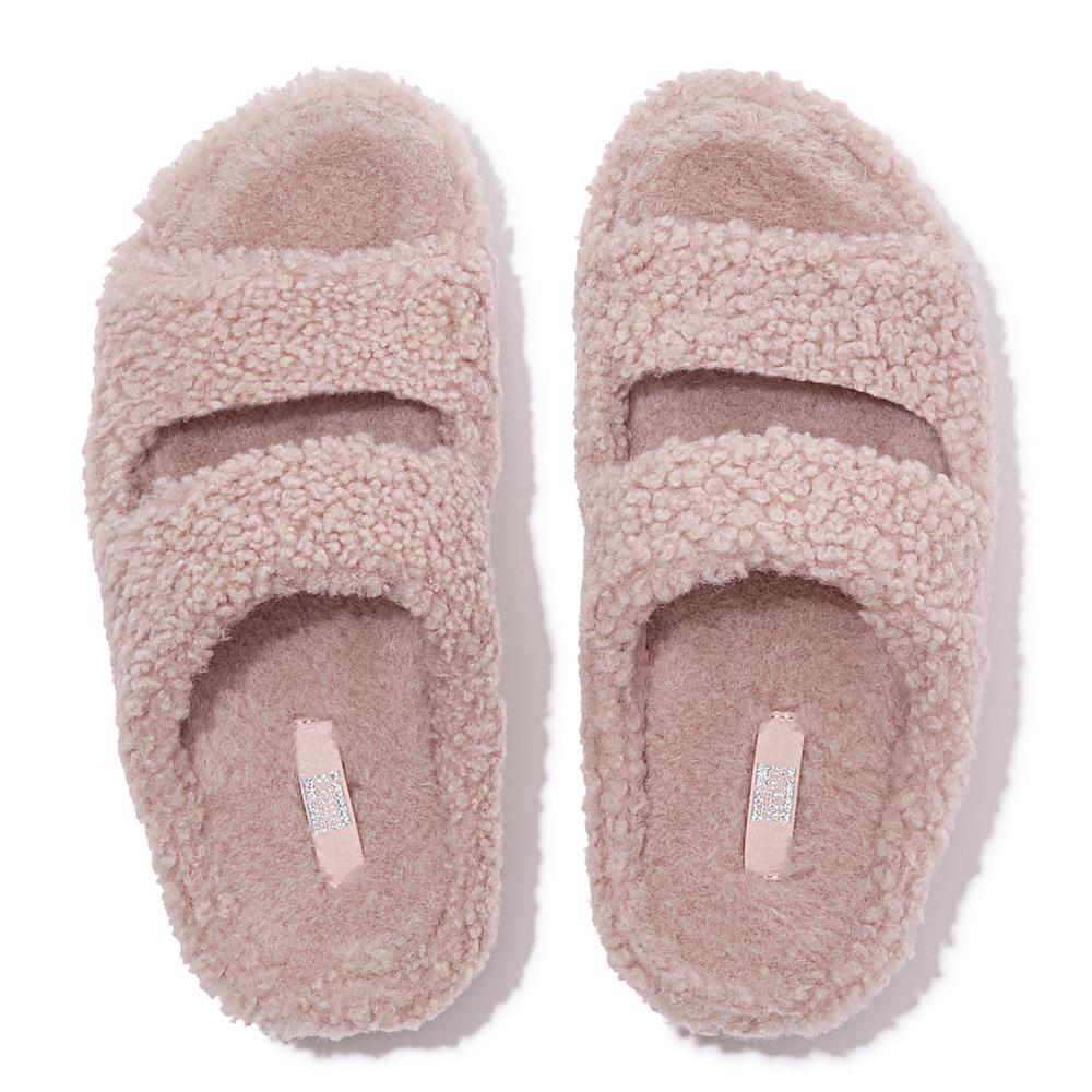 Chaussons Fitflop SHUV Two-Bar Shearling Slides Femme Rose | FTP-205634