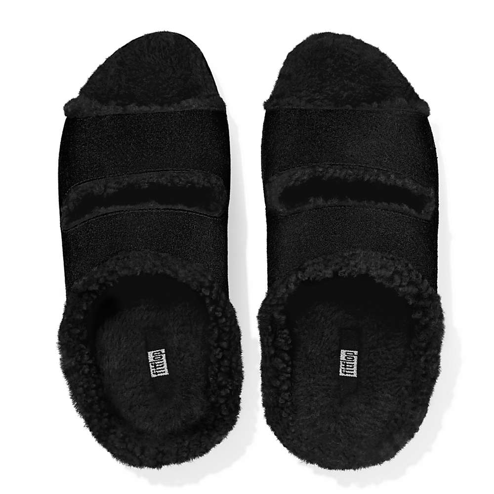 Chaussons Fitflop SHUV Two-Bar Shearling Suede Slides Femme Noir | JWO-958712