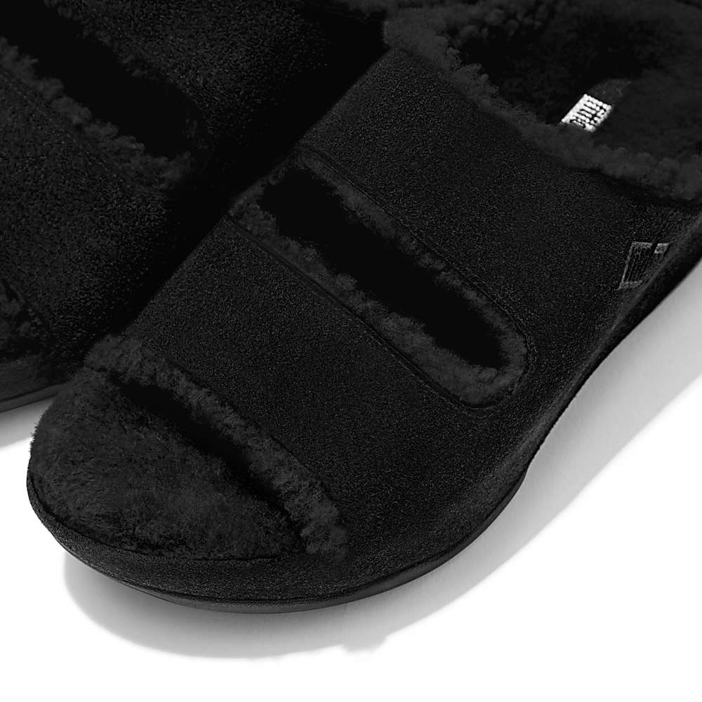 Chaussons Fitflop SHUV Two-Bar Shearling Suede Slides Femme Noir | JWO-958712