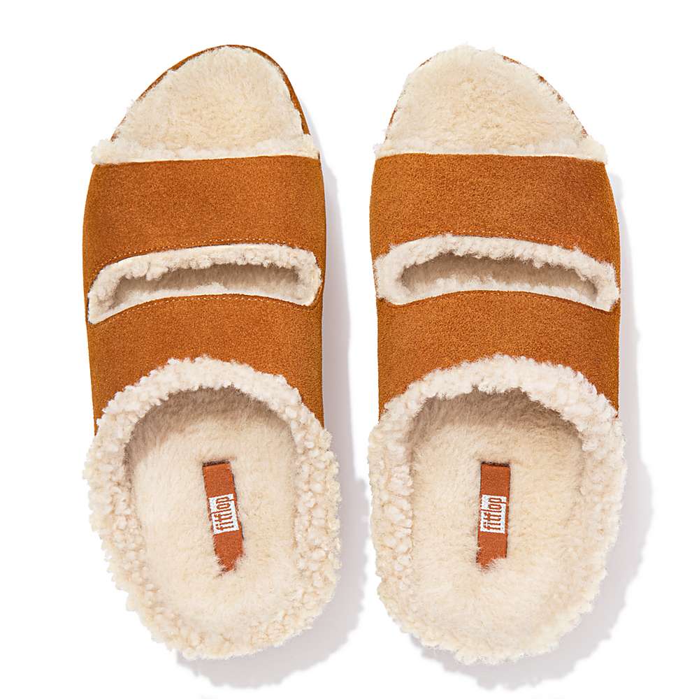 Chaussons Fitflop SHUV Two-Bar Shearling Suede Slides Femme Marron Clair | QYF-073649