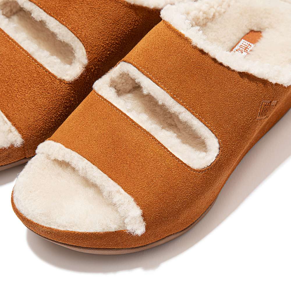 Chaussons Fitflop SHUV Two-Bar Shearling Suede Slides Femme Marron Clair | QYF-073649