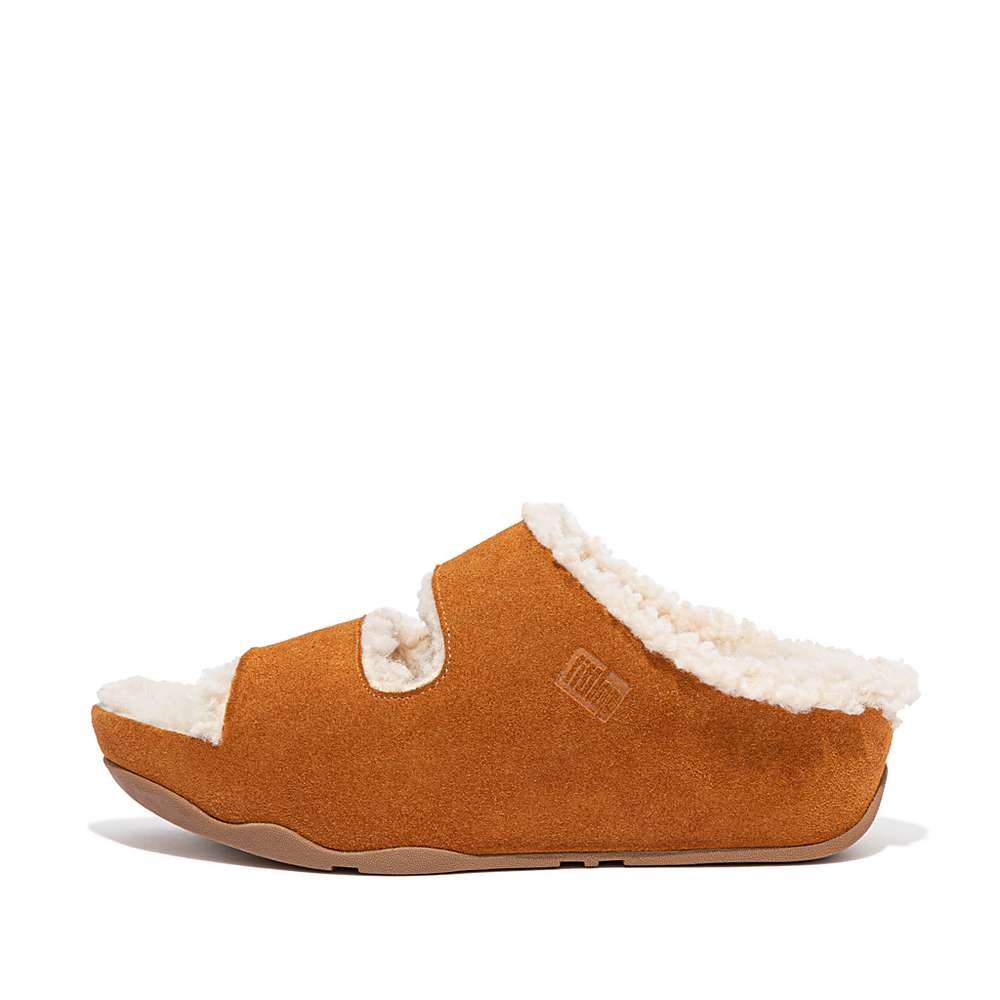 Chaussons Fitflop SHUV Two-Bar Shearling Suede Slides Femme Marron Clair | QYF-073649