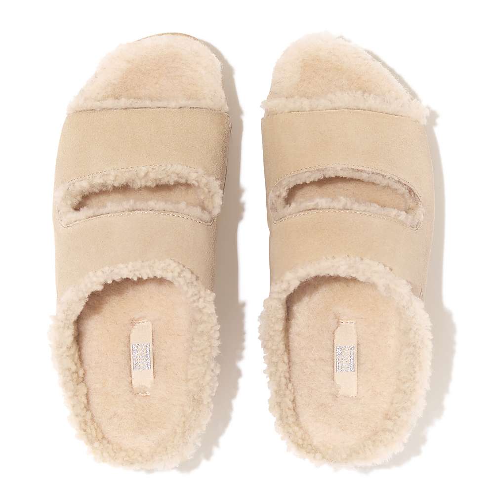 Chaussons Fitflop SHUV Two-Bar Shearling Suede Slides Femme Blanche | TLM-137985