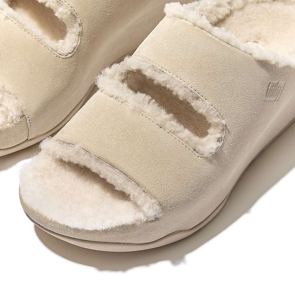 Chaussons Fitflop SHUV Two-Bar Shearling Suede Slides Femme Blanche | TLM-137985