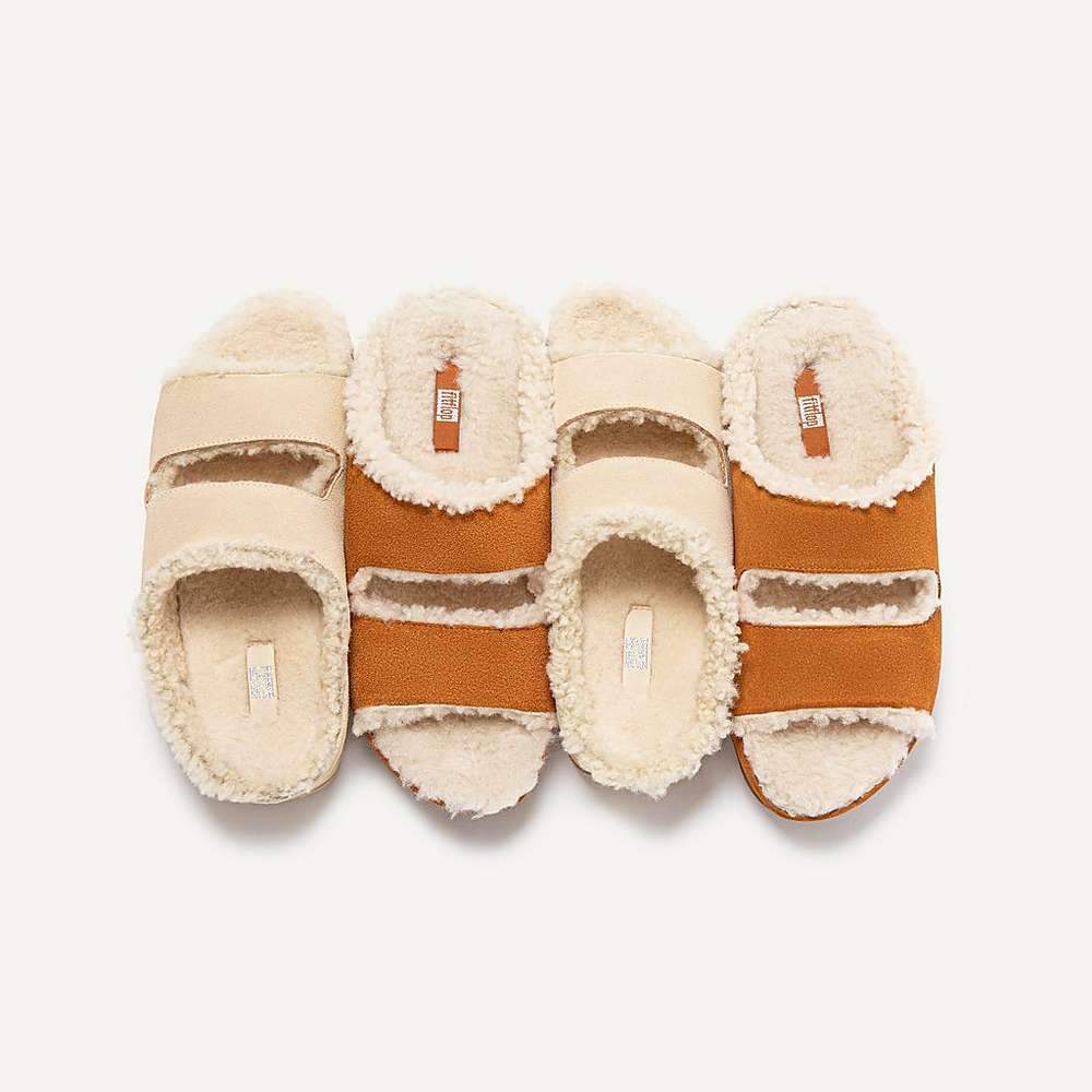 Chaussons Fitflop SHUV Two-Bar Shearling Suede Slides Femme Blanche | TLM-137985