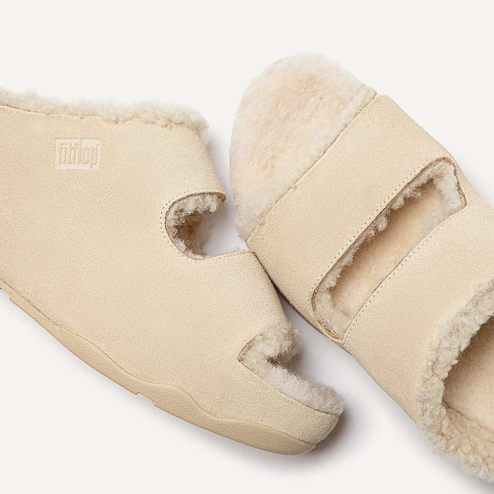 Chaussons Fitflop SHUV Two-Bar Shearling Suede Slides Femme Blanche | TLM-137985