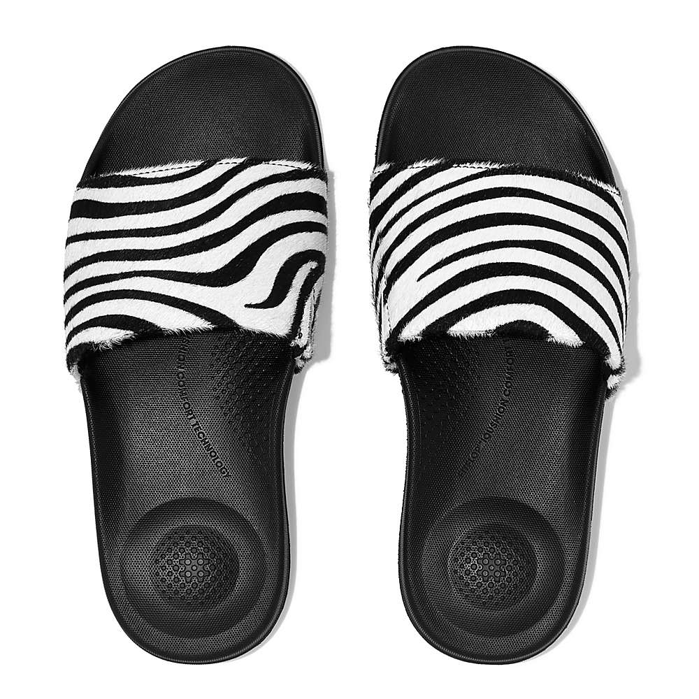 Claquette Fitflop IQUSHION Zebra Print Leather Slides Femme Noir Blanche | DSE-834120