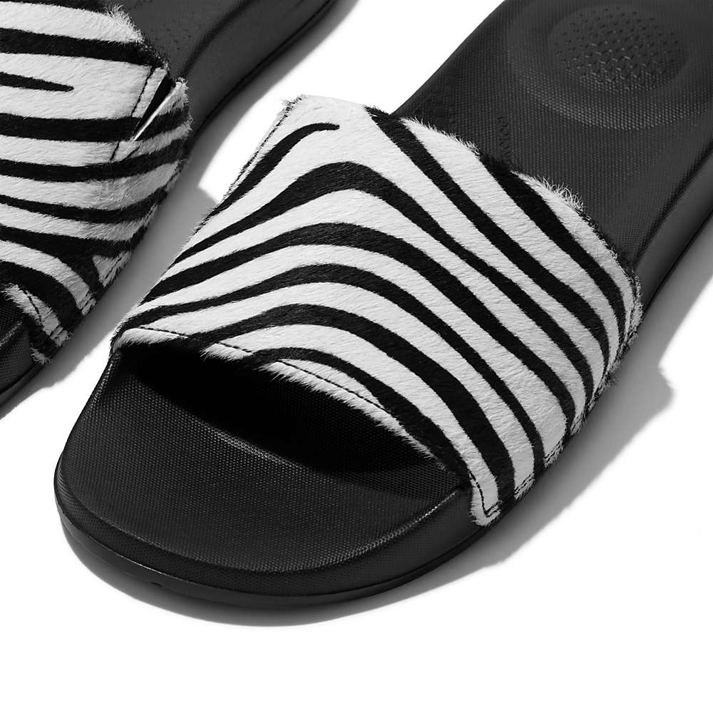 Claquette Fitflop IQUSHION Zebra Print Leather Slides Femme Noir Blanche | DSE-834120