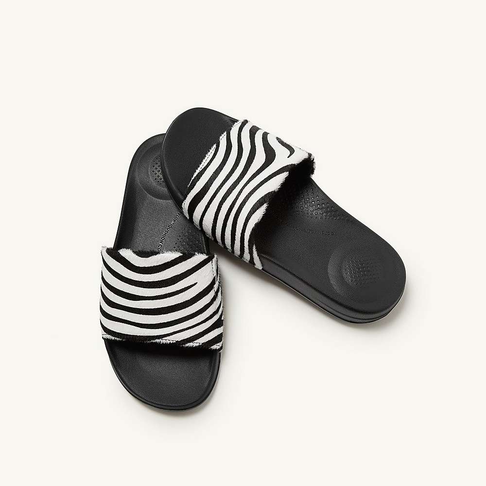 Claquette Fitflop IQUSHION Zebra Print Leather Slides Femme Noir Blanche | DSE-834120