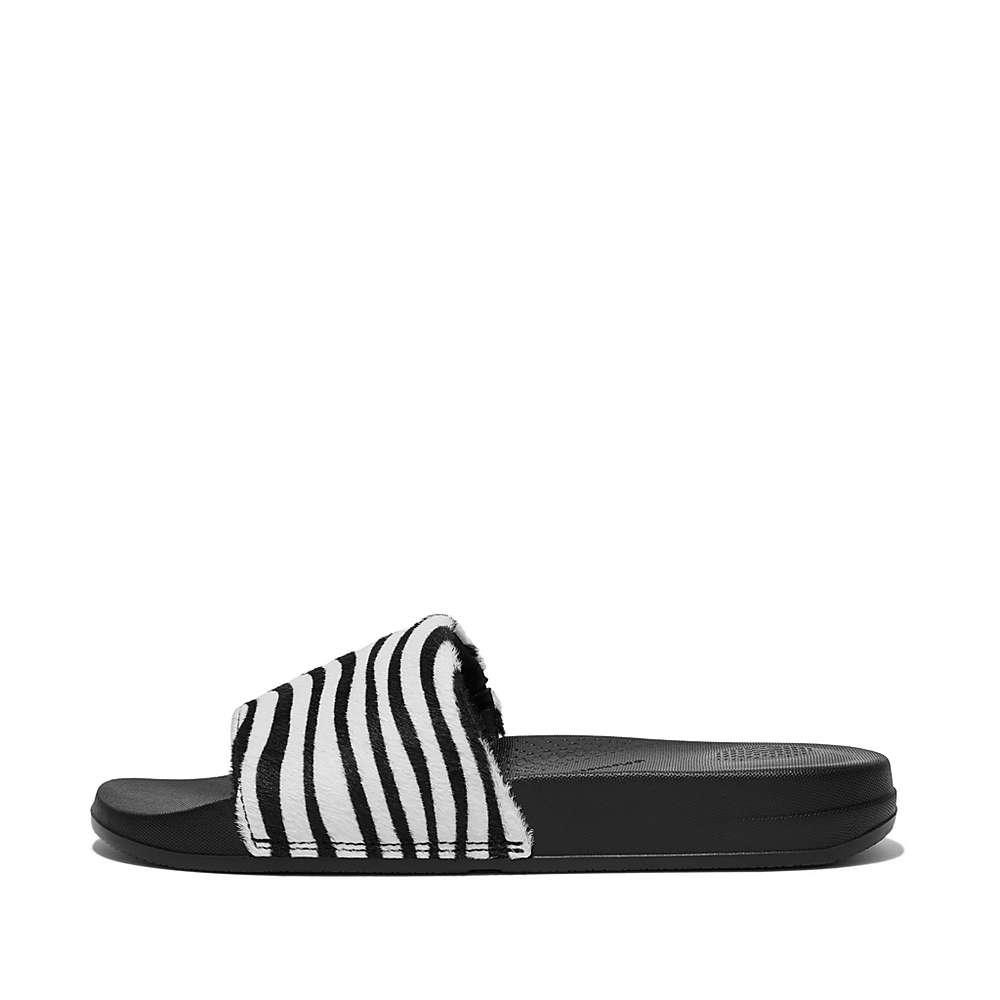 Claquette Fitflop IQUSHION Zebra Print Leather Slides Femme Noir Blanche | DSE-834120