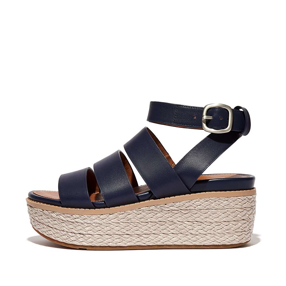 Sandales Compensées Fitflop ELOISE Espadrille Leather Femme Bleu Marine | AQM-783409