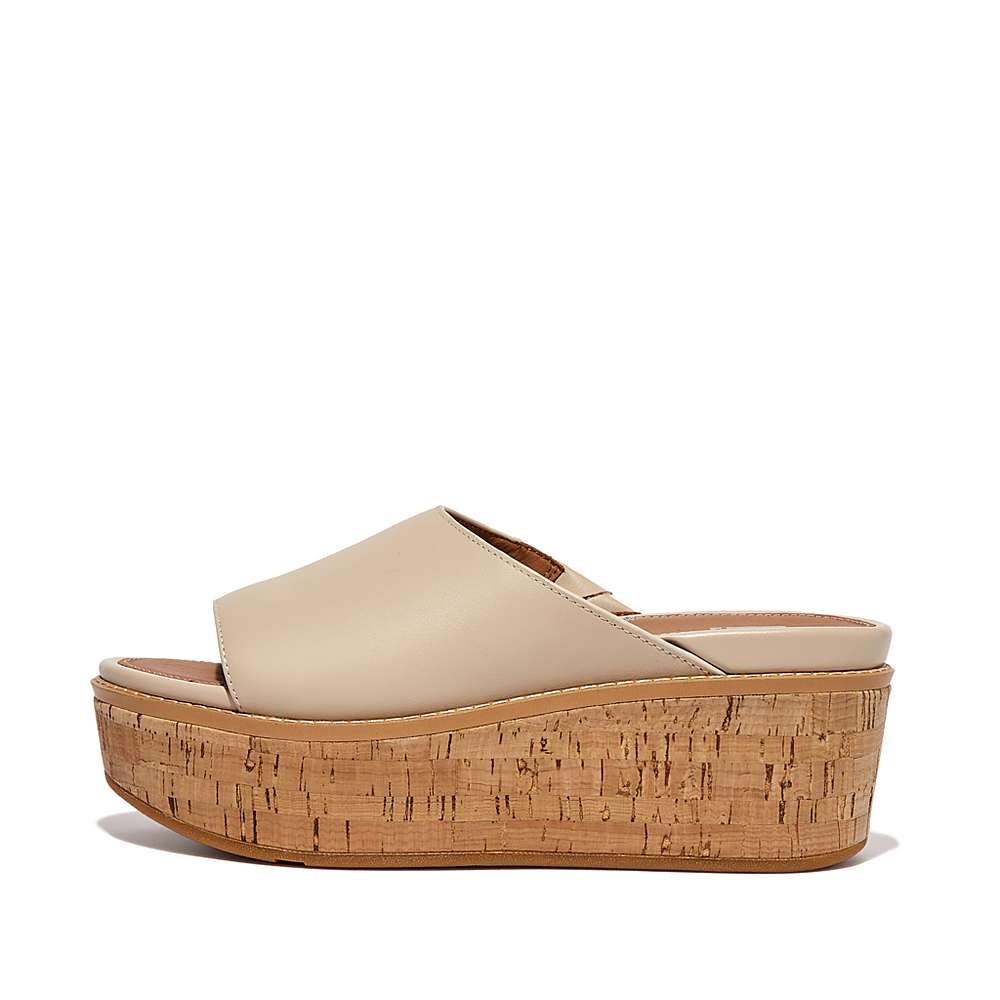 Sandales Fitflop ELOISE Cork-Wrap Leather Wedge Slides Femme Grise Beige | LWB-715649