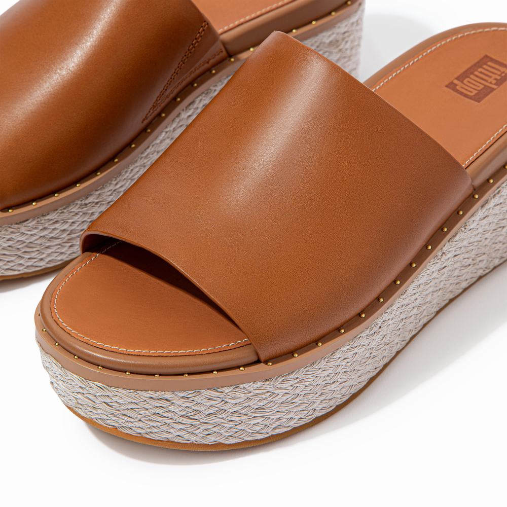 Sandales Fitflop ELOISE Espadrille Leather Wedge Slides Femme Marron Clair | GCL-325976