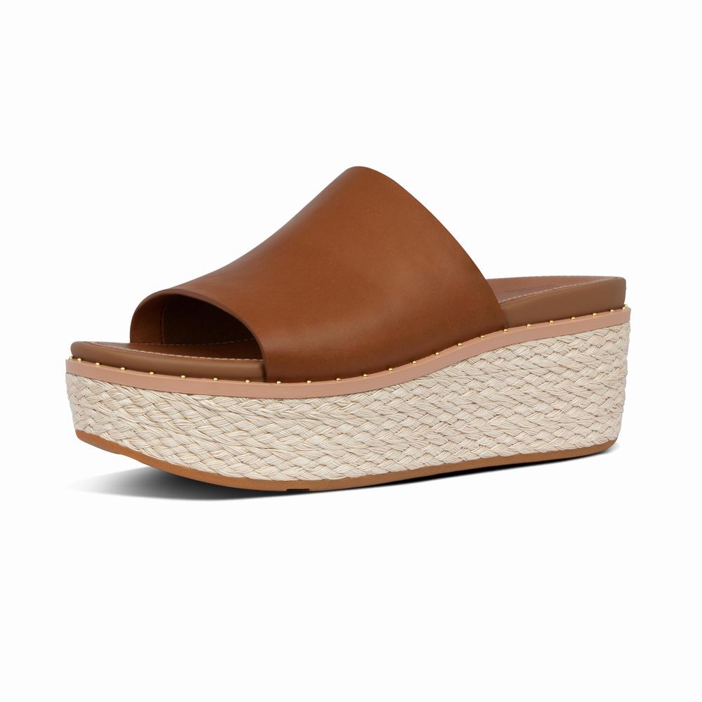 Sandales Fitflop ELOISE Espadrille Leather Wedge Slides Femme Marron Clair | GCL-325976